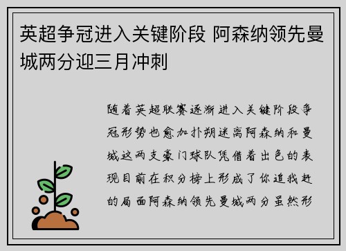 英超争冠进入关键阶段 阿森纳领先曼城两分迎三月冲刺