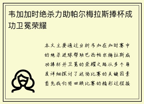 韦加加时绝杀力助帕尔梅拉斯捧杯成功卫冕荣耀