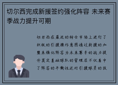 切尔西完成新援签约强化阵容 未来赛季战力提升可期 切尔西完成新援签约强化阵容 未来赛季战力提升可期