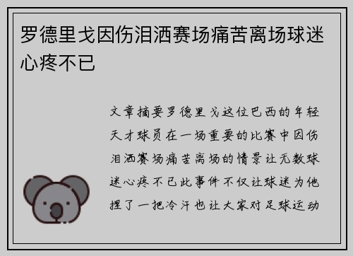 罗德里戈因伤泪洒赛场痛苦离场球迷心疼不已